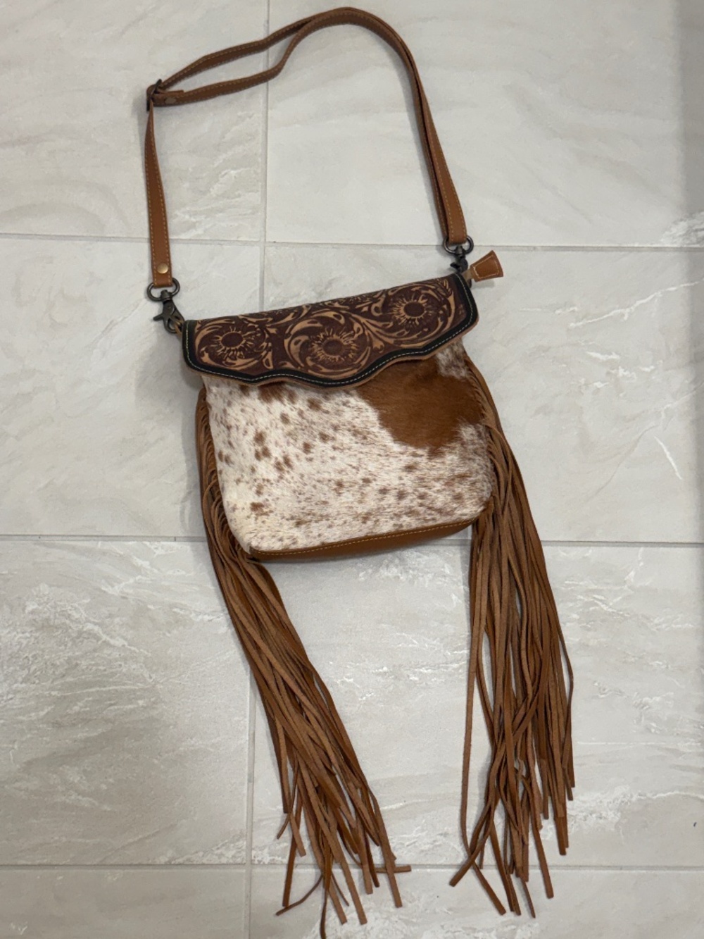 Title: Myra Bag Western Cowhide Leather Fringe Crossbody Purse Brown Boho